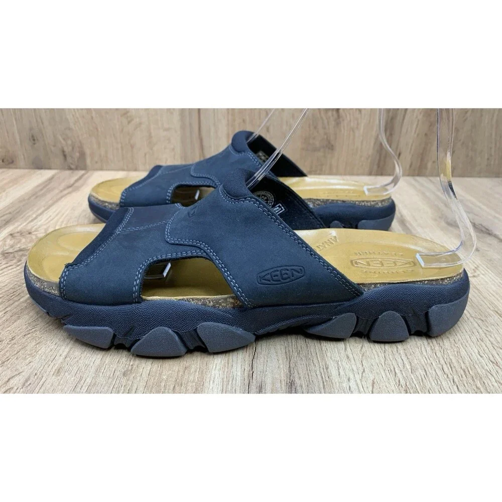 KEEN Men's 9 Black Leather Slide Sandals Anatomical Footbed Comfort 1017282